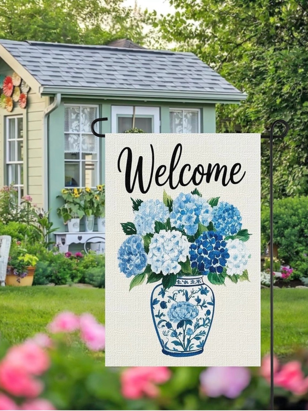 NEW Blue Hydrangea Vase “Welcome” Double Sided Garden Flag - 12”x18